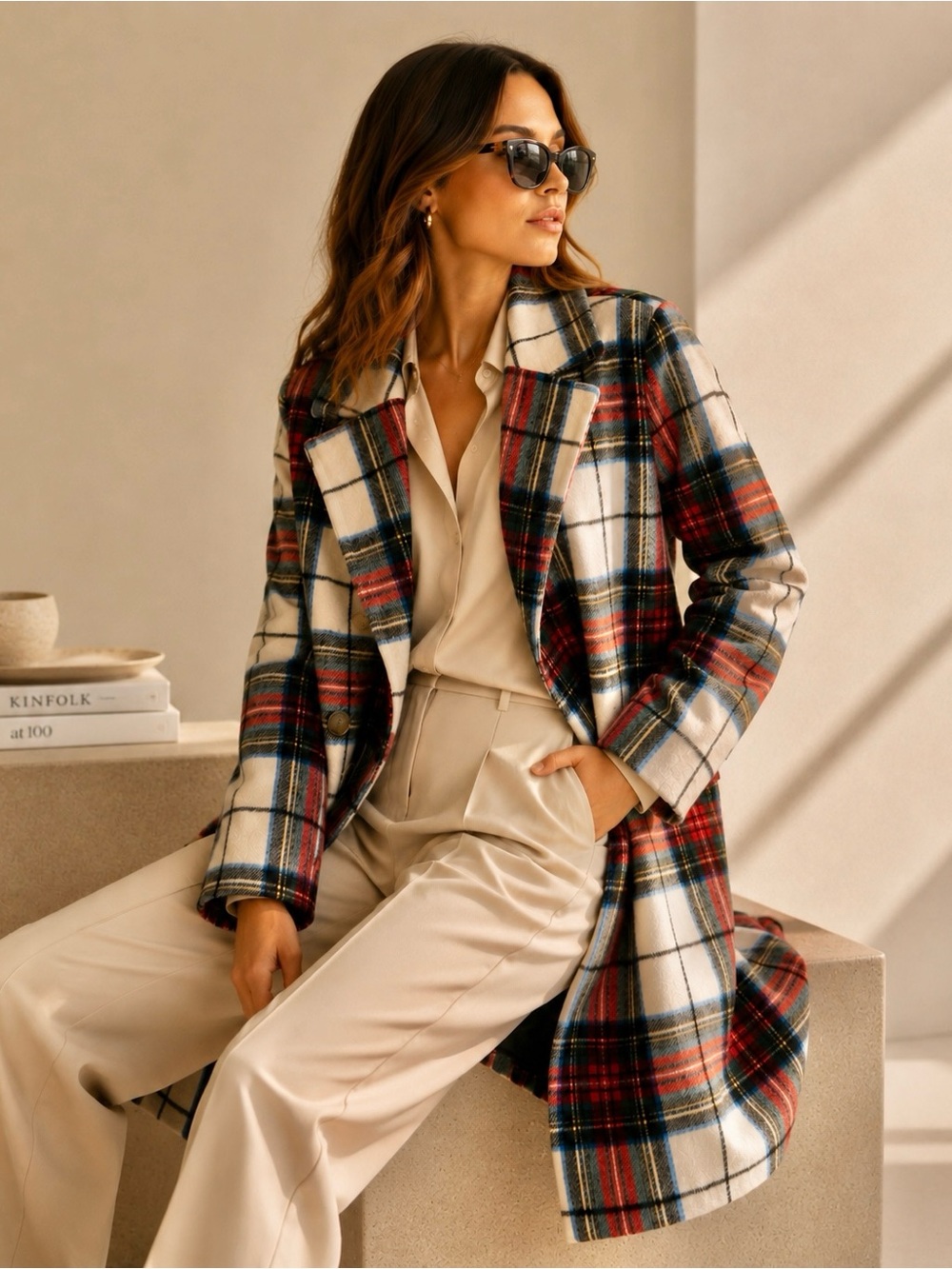 Old Navy Women’s White Tartan Plaid Long Slouchy Double-Breasted Coat - Picture 4 of 9